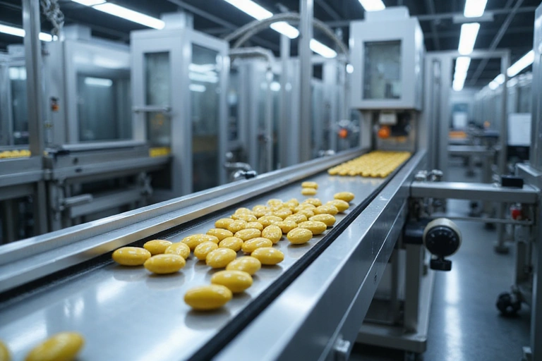 Automated manufacturing line for supplements, showing precision and hygiene