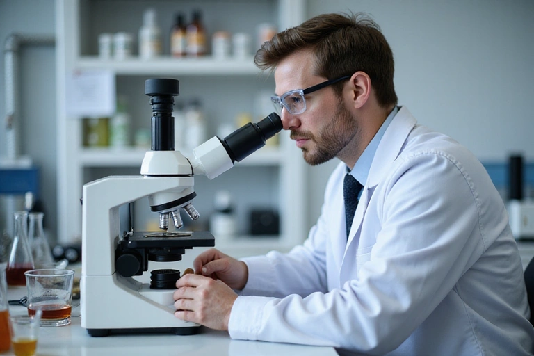 Scientist examining ingredients in a laboratory with advanced equipment