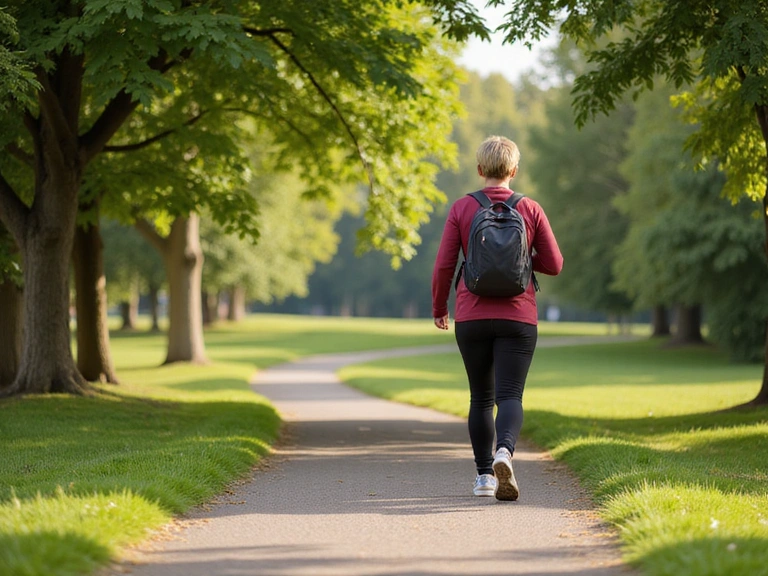 A person enjoying a brisk walk in a lush park, illustrating the importance of regular physical activity for overall well-being and health.
