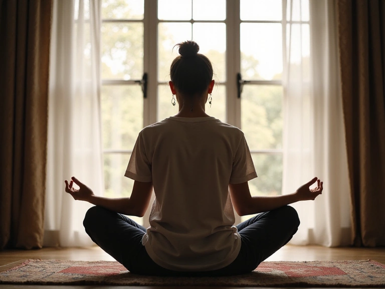 A person meditating peacefully by a window with soft natural light, emphasizing mental wellness and stress reduction through mindfulness.