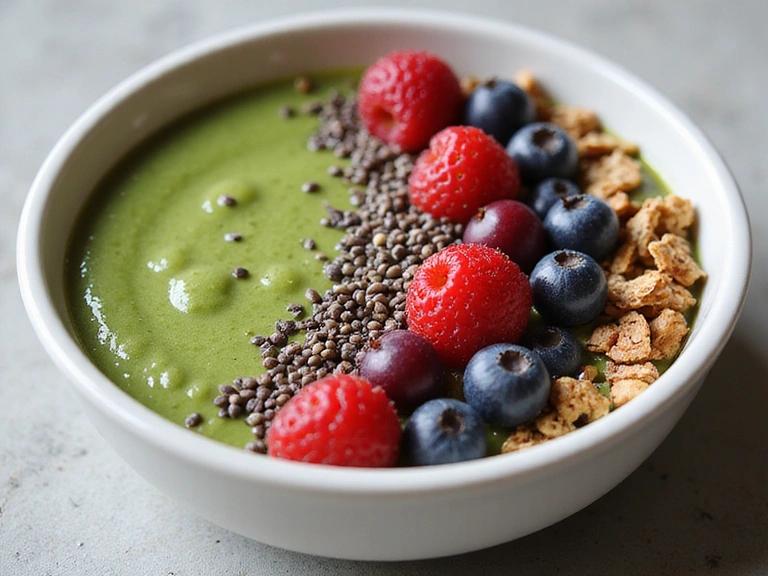 A vibrant green smoothie bowl topped with fresh berries, chia seeds, and granola, promoting healthy eating for energy.