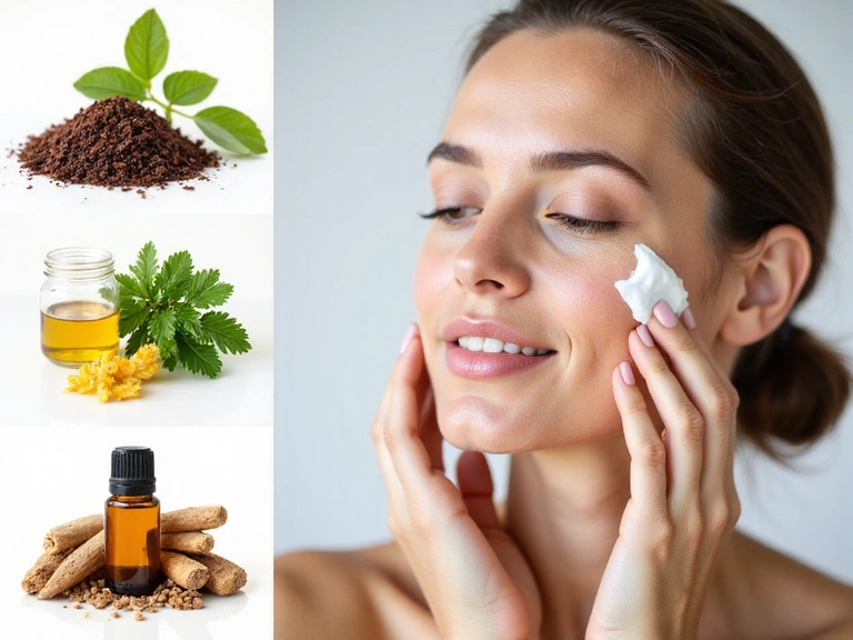 A woman applying a natural face cream to her radiant skin, with various botanical extracts and essential oils in the background, illustrating a skincare routine.