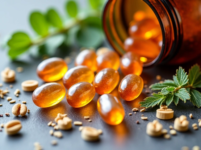 Close-up of various herbal supplements in clear capsules, with natural herbs and ingredients scattered around, highlighting the benefits of natural supplements.