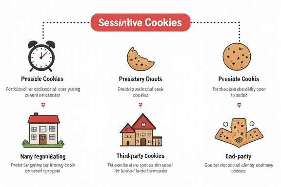 Illustration of different types of cookies: session, persistent, first-party, third-party