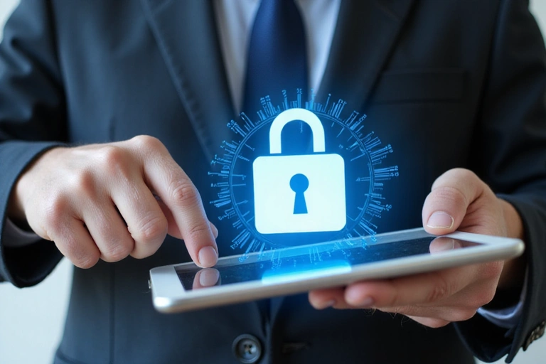 A person reviewing privacy policy documents on a tablet, emphasizing data security.